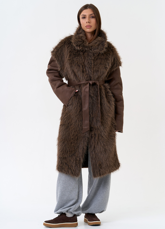 Женская дубленка из эко замши с отделкой из эко меха модель № 31326 в кредит