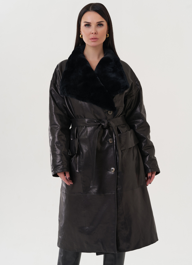 Пальто женское из натуральной кожи с отделкой из кролика  модель № 25377 меха малина