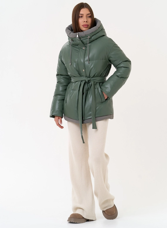 Женский пуховик из эко кожи с поясом