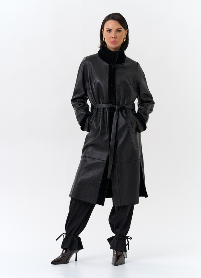 Женская двухсторонняя дубленка с поясом модель № 32198 в кредит