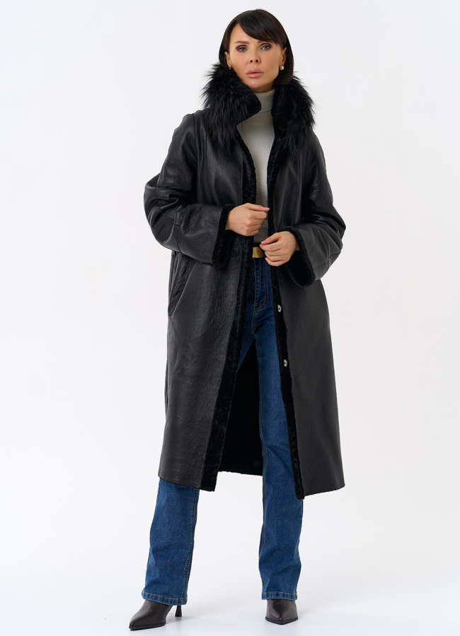 Женская двухстороняя дубленка с воротником из меха чернобурой лисы модель № 31932 универмаг малина