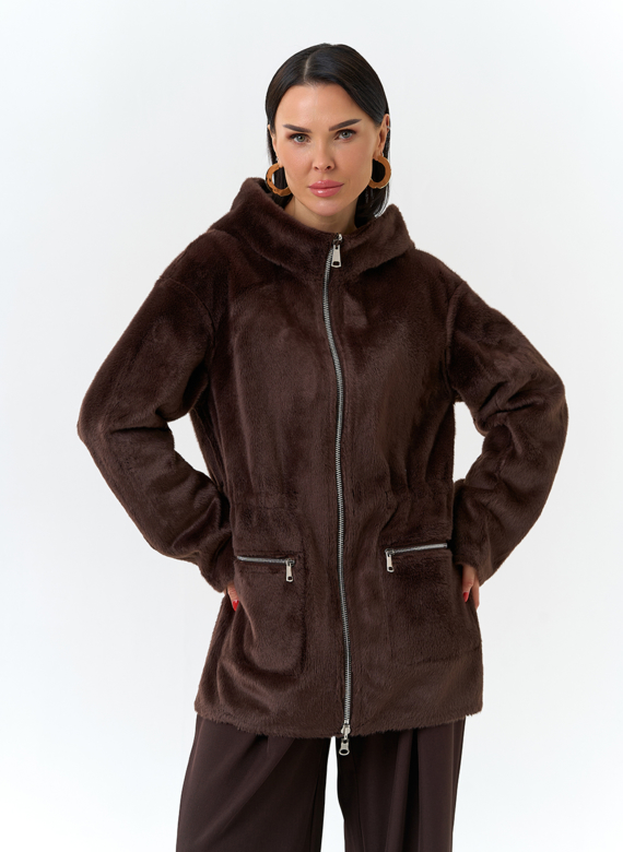 Двухсторонняя дубленка из эко замши с капюшоном