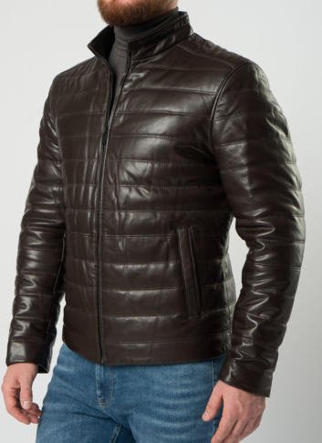 Мужская  утепленная куртка из натуральной кожи коричневого цвета