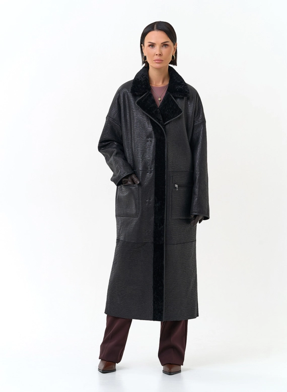 Женская двухсторонняя дубленка с английским воротником фото