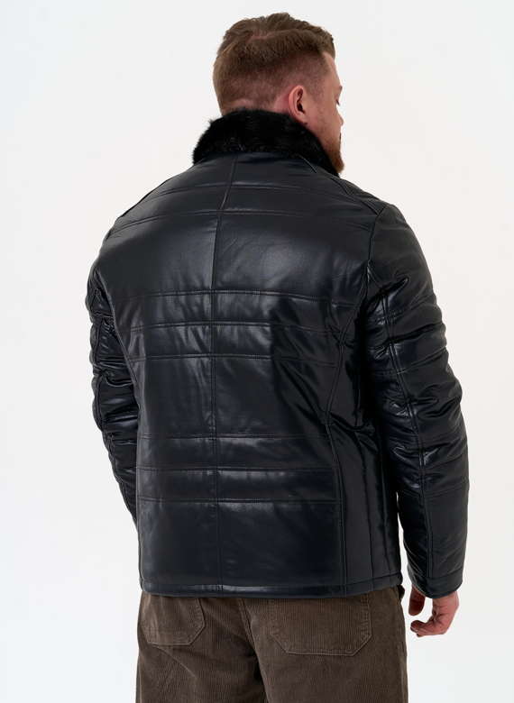 Пуховик из эко кожи с воротником стойкой