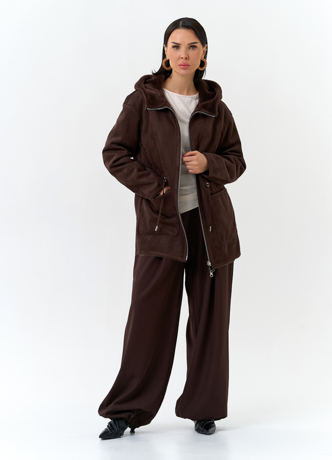 Двухсторонняя дубленка из эко замши с капюшоном модель № 32690 универмаг малина