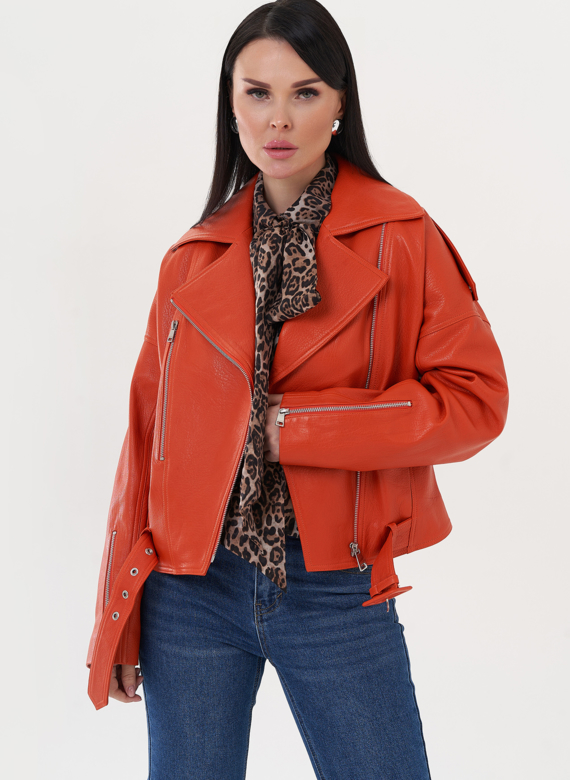 Кожаная куртка "косуха" оранжевого цвета