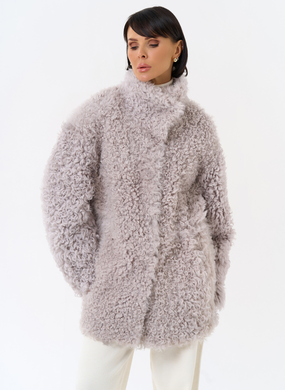 Женская двухсторонняя дубленка с воротником стойкой