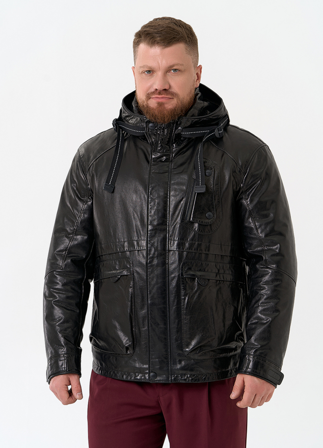 Мужская куртка из натуральной кожи с капюшоном модель № 32548 в кредит