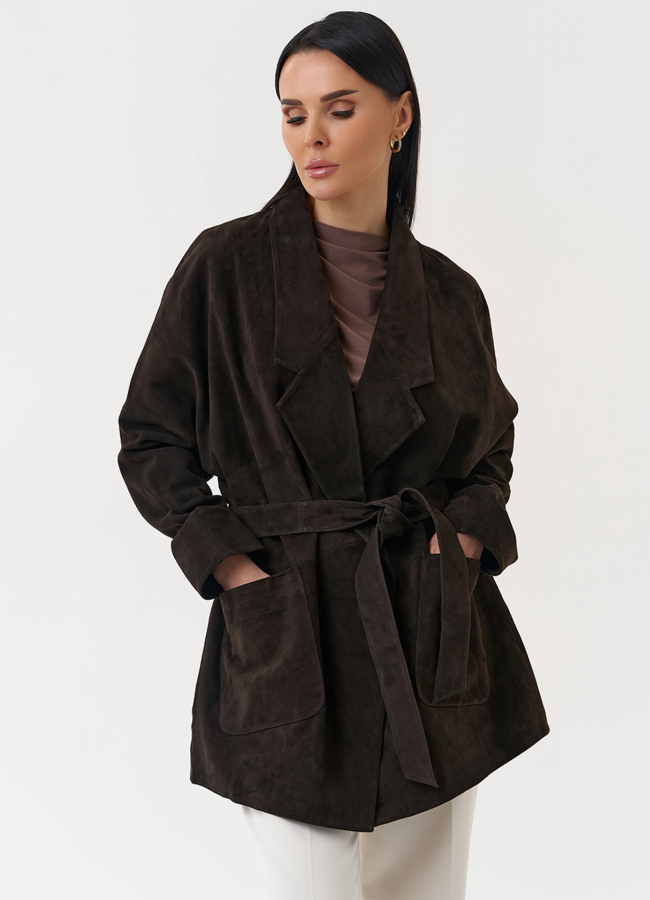 Куртка из натуральной замши коричневого цвета модель № 30400 меха малина