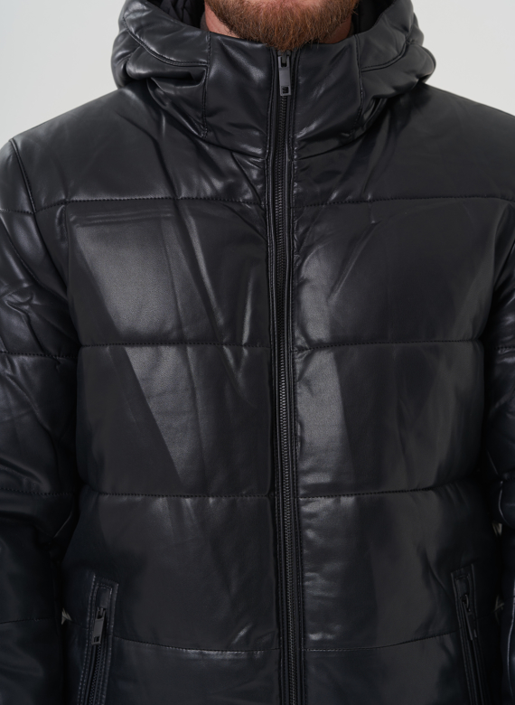 Пуховик мужской из эко кожи с капюшоном 