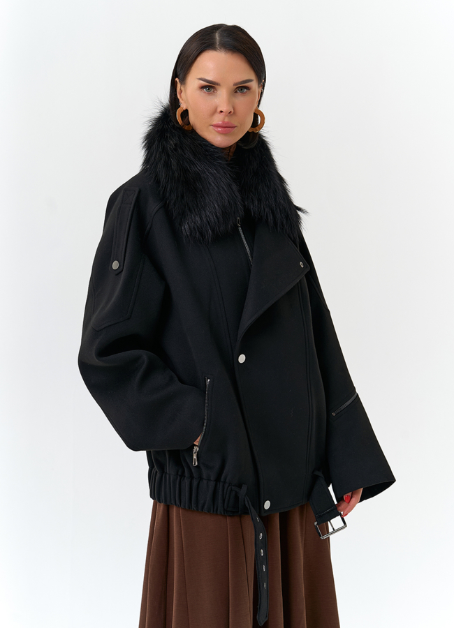 Женское укороченное пальто с отделкой из меха лисы модель № 32782 универмаг малина