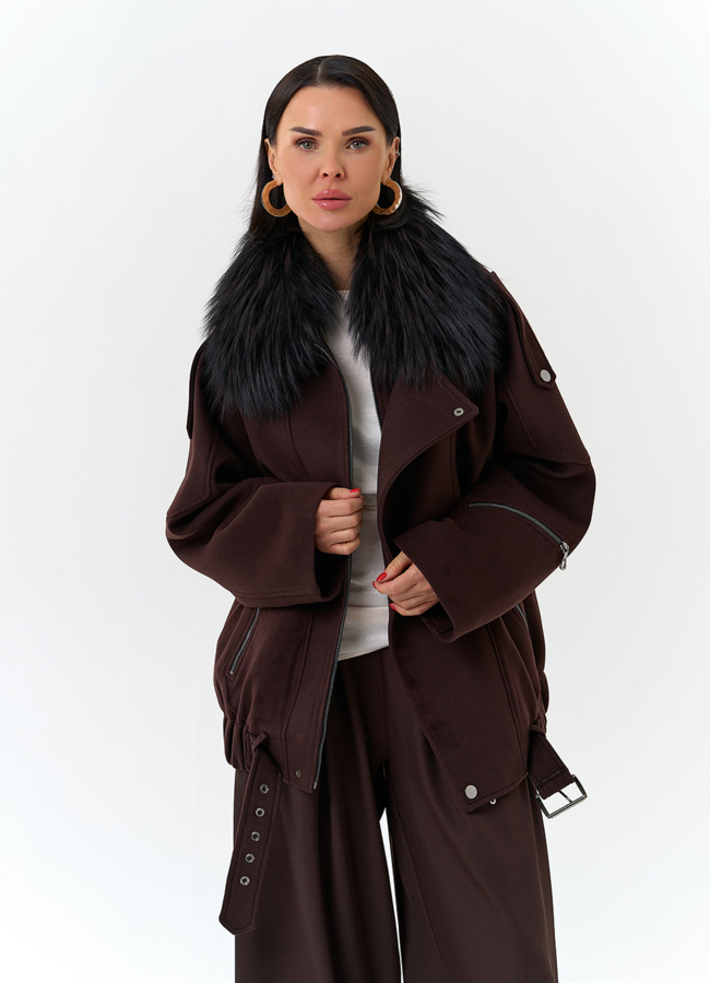 Женское укороченное пальто с отделкой из меха лисы модель № 32781 универмаг малина