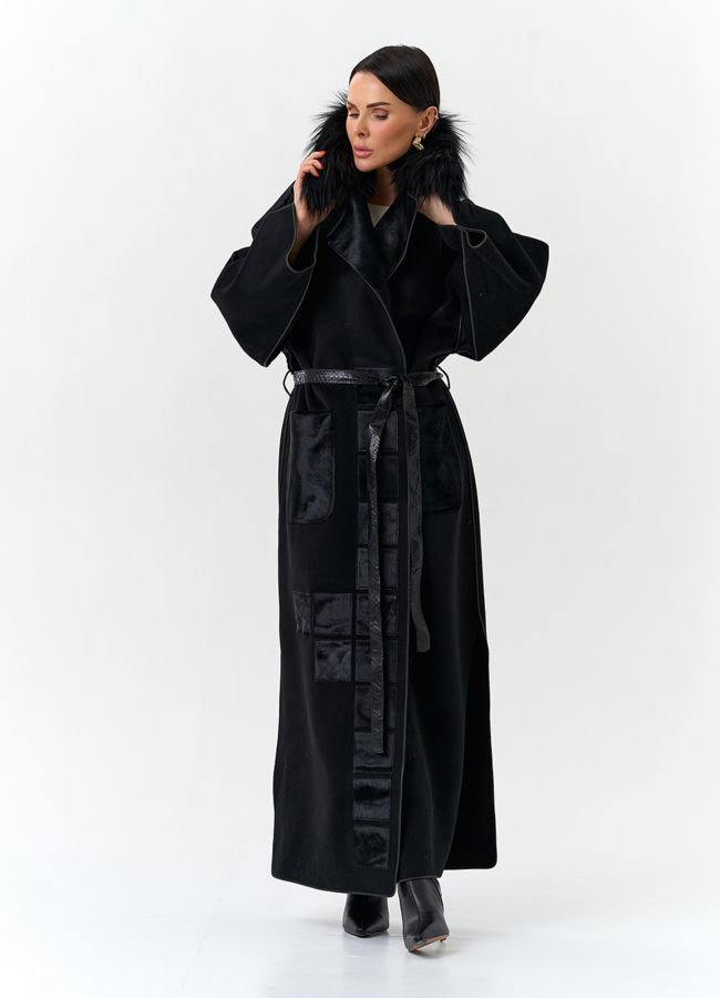 Женское длинное пальто с отделкой из меха лисы модель № 32649 универмаг малина