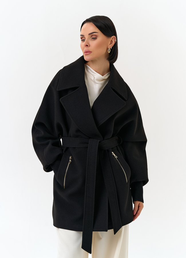 Женское укороченное пальто с декоративными молниями модель № 32805 универмаг малина