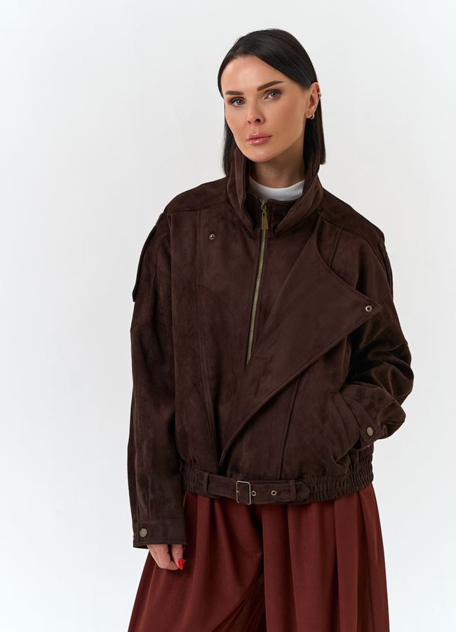 Женская куртка бомбер из эко замши модель № 33031 меха малина