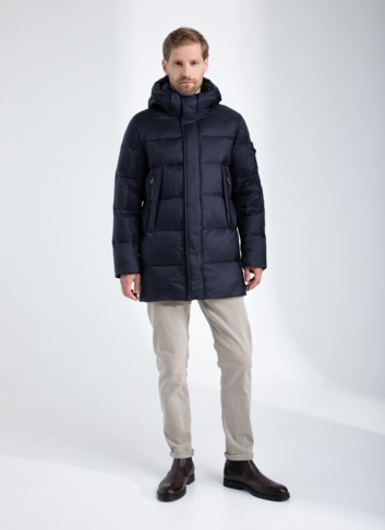 Пуховик мужской синего цвета с капюшоном 