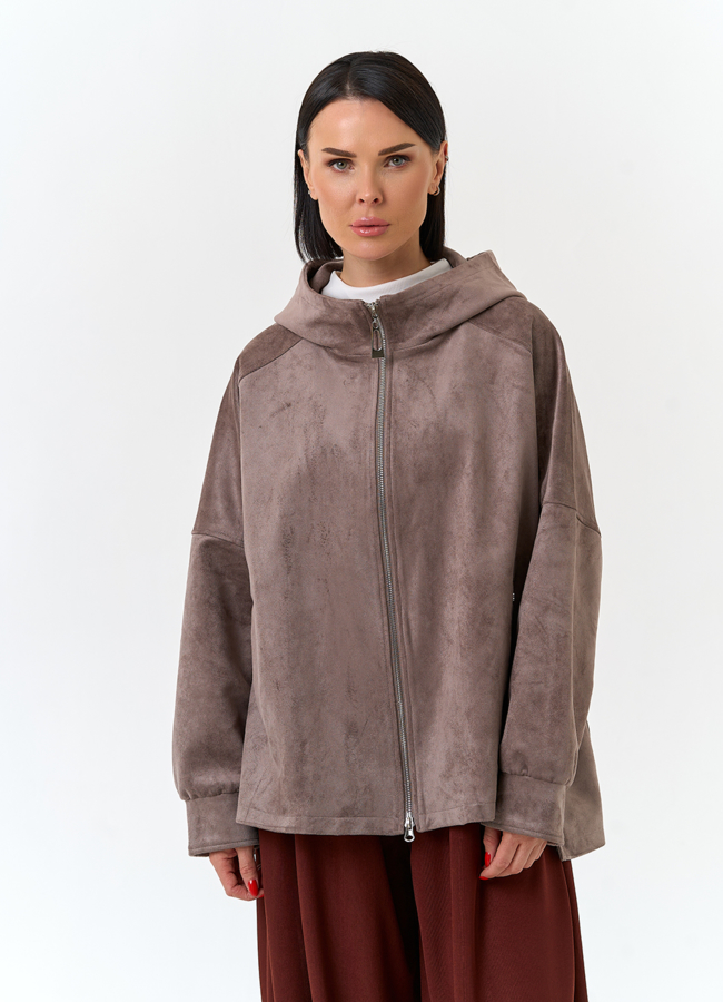 Женская куртка из эко замши с капюшоном модель № 32880 в кредит