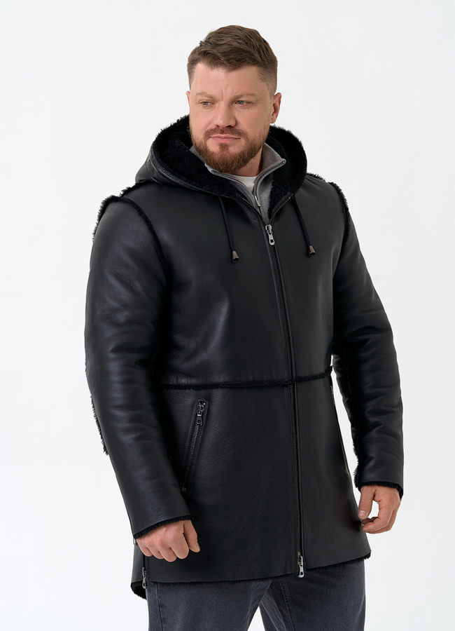 Мужская натуральная дубленка с капюшоном модель № 32060 универмаг малина