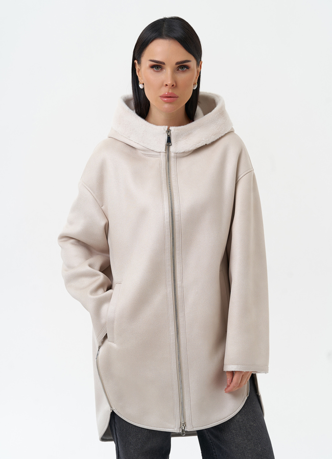 Женская дубленка из эко замши с капюшоном модель № 30205 меха малина