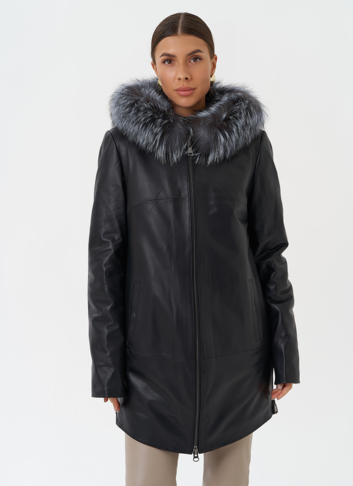 Утепленное полупальто из натуральной кожи с капюшоном 