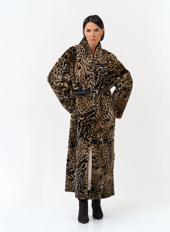 Двухсторонняя женская дубленка с декоративным поясом фото
