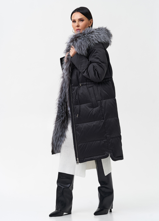 фото Женский пуховик с отделкой из меха чернобурки модель № 28524
