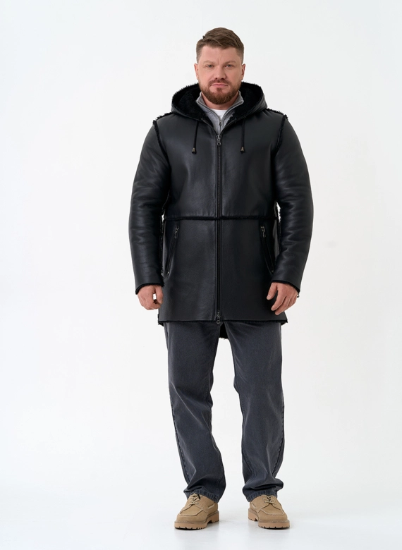 Мужская натуральная дубленка с капюшоном