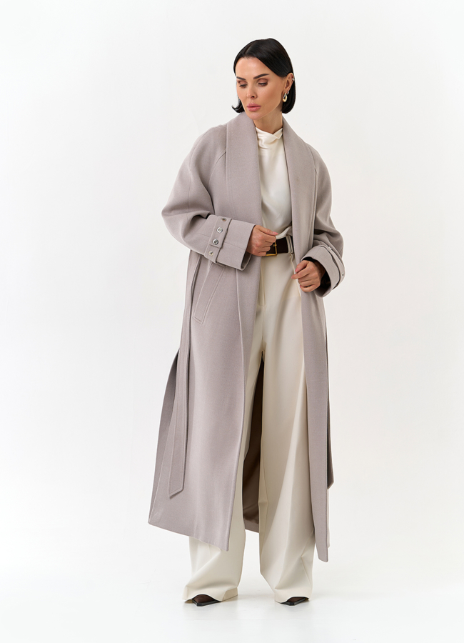 Женское длинное пальто с поясом модель № 32852 универмаг малина