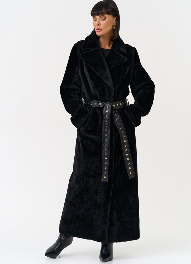 фото Женская натуральная дубленка с двойным поясом модель № 31612