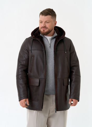 Мужская натуральная дубленка с капюшоном