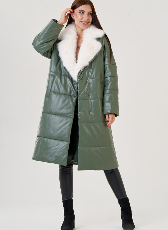 Женский классический пуховик Malina Siberian из эко кожи в зеленом цвете